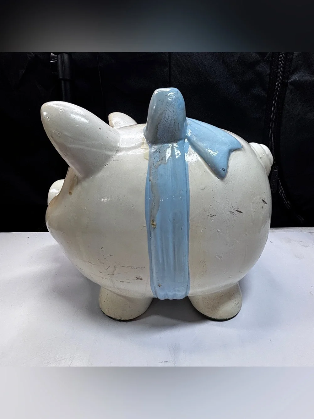 Vtg Ceramic Pottery Pig Piggy Bank  1940s 50s Large Blue Bow Grandma Country